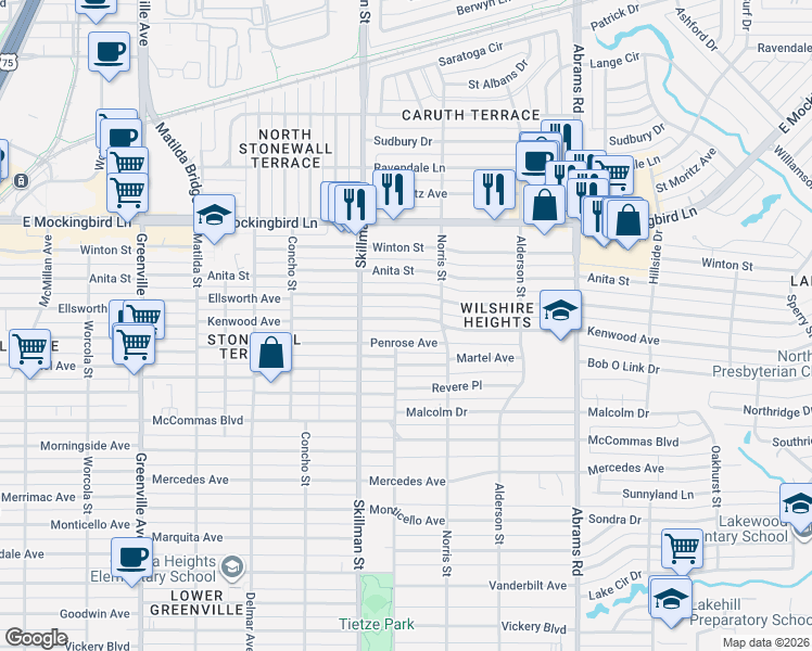 map of restaurants, bars, coffee shops, grocery stores, and more near 6159 Kenwood Avenue in Dallas
