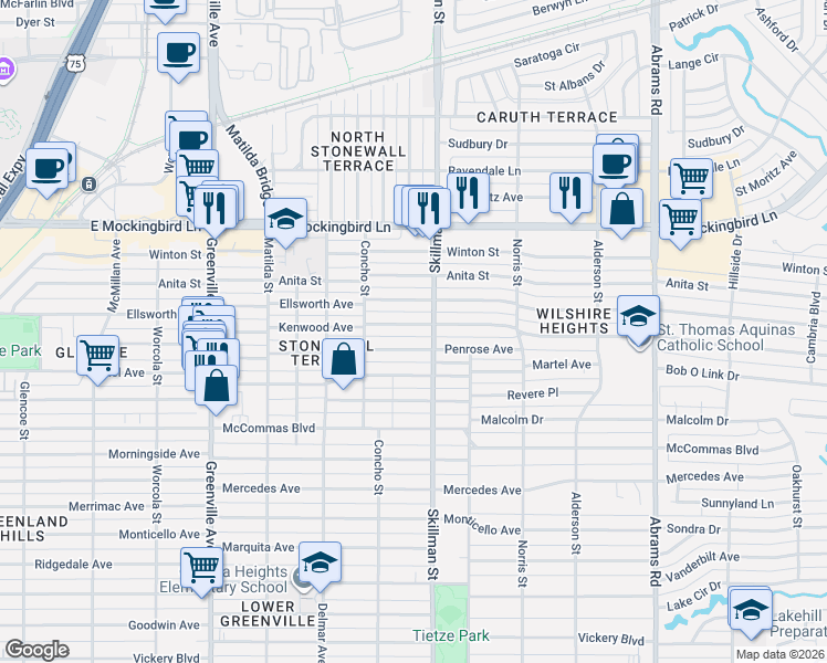 map of restaurants, bars, coffee shops, grocery stores, and more near 6055 Kenwood Avenue in Dallas