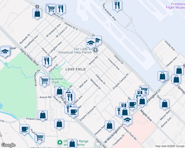 map of restaurants, bars, coffee shops, grocery stores, and more near 7402 Fillmore Drive in Dallas