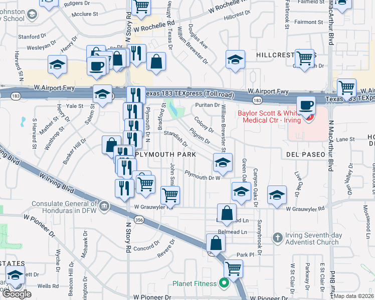 map of restaurants, bars, coffee shops, grocery stores, and more near 1928 Standish Drive in Irving