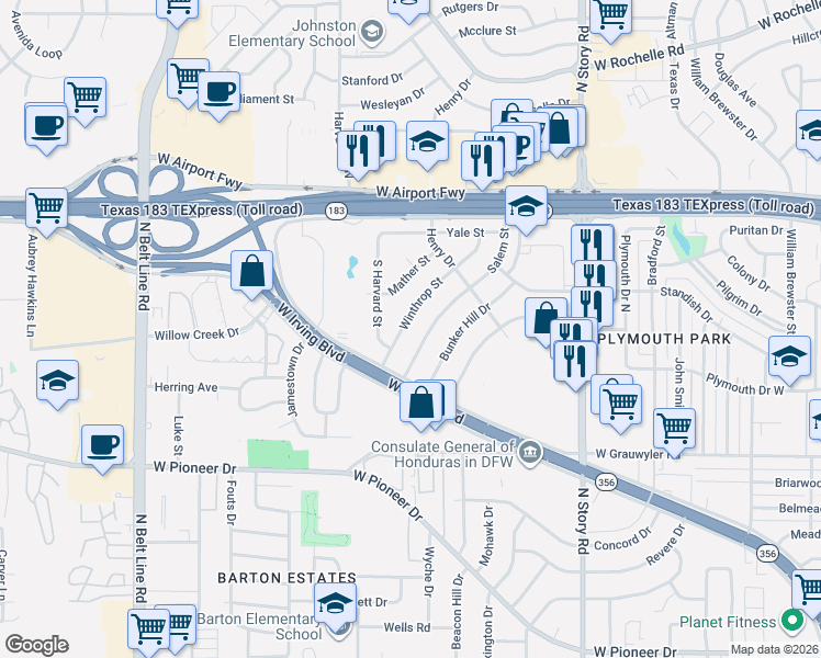 map of restaurants, bars, coffee shops, grocery stores, and more near 1829 Salem Street in Irving