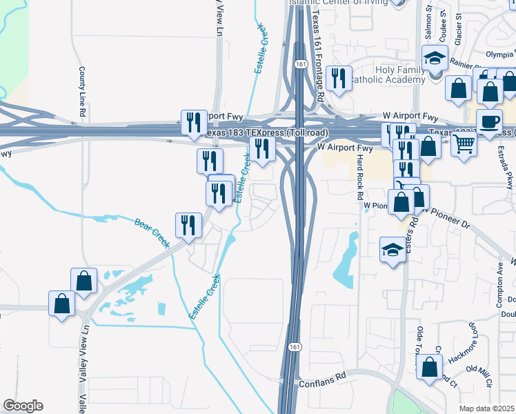 map of restaurants, bars, coffee shops, grocery stores, and more near 4517 West Pioneer Drive in Irving