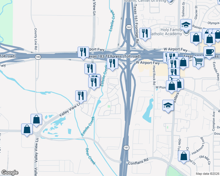 map of restaurants, bars, coffee shops, grocery stores, and more near 4517 West Pioneer Drive in Irving