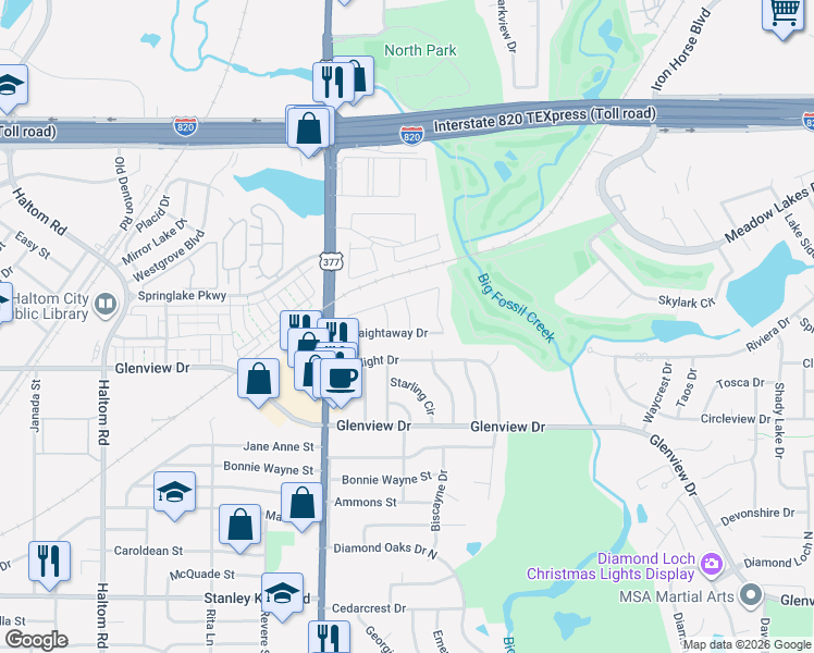 map of restaurants, bars, coffee shops, grocery stores, and more near 4808 Tee Drive in Fort Worth