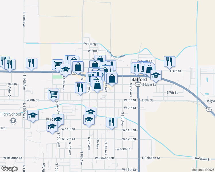 map of restaurants, bars, coffee shops, grocery stores, and more near 429 West 6th Street in Safford