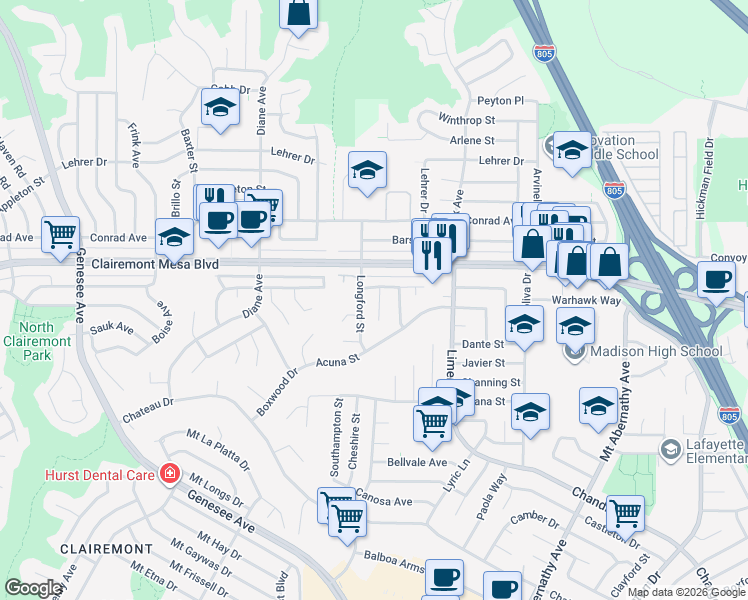 map of restaurants, bars, coffee shops, grocery stores, and more near 4862 Kesling Court in San Diego