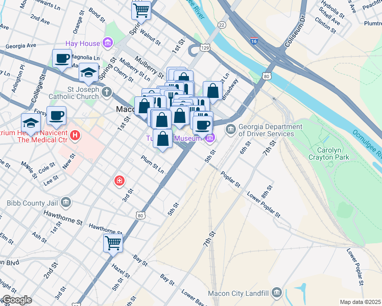 map of restaurants, bars, coffee shops, grocery stores, and more near 494 Martin Luther King Junior Boulevard in Macon