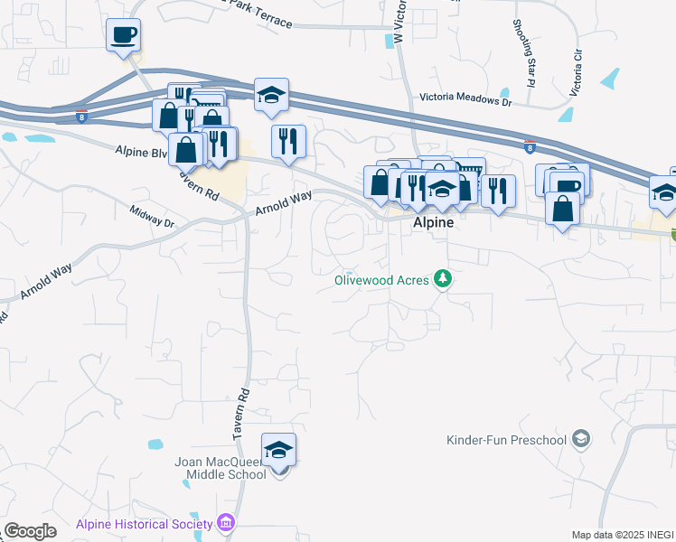 map of restaurants, bars, coffee shops, grocery stores, and more near 71 Alpine Village Drive in Alpine