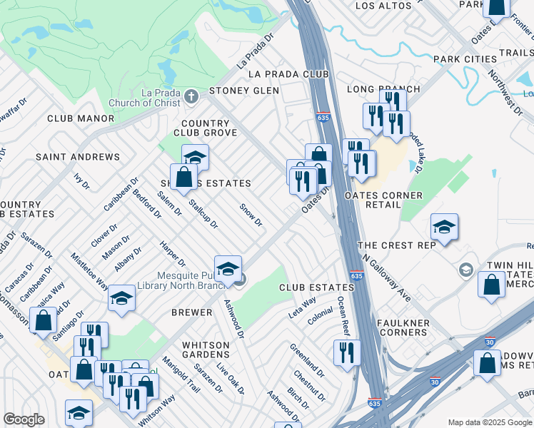 map of restaurants, bars, coffee shops, grocery stores, and more near 4730 Preston Trail Drive in Mesquite