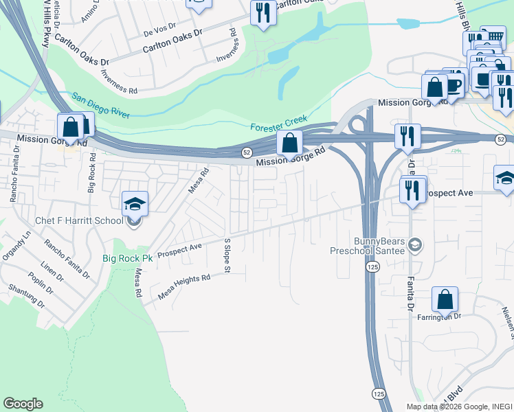 map of restaurants, bars, coffee shops, grocery stores, and more near 8600 Amherst Street in Santee