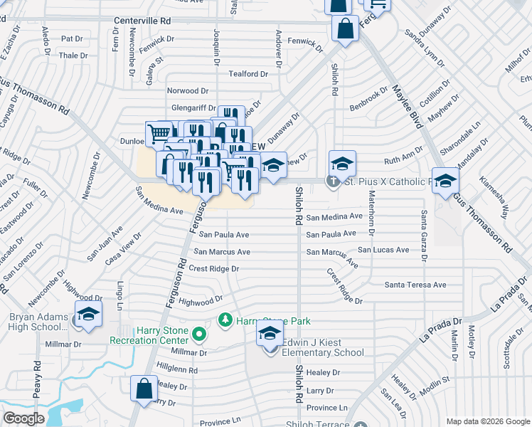 map of restaurants, bars, coffee shops, grocery stores, and more near 2625 San Medina Avenue in Dallas