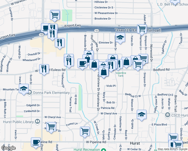 map of restaurants, bars, coffee shops, grocery stores, and more near 1244 Karla Drive in Hurst