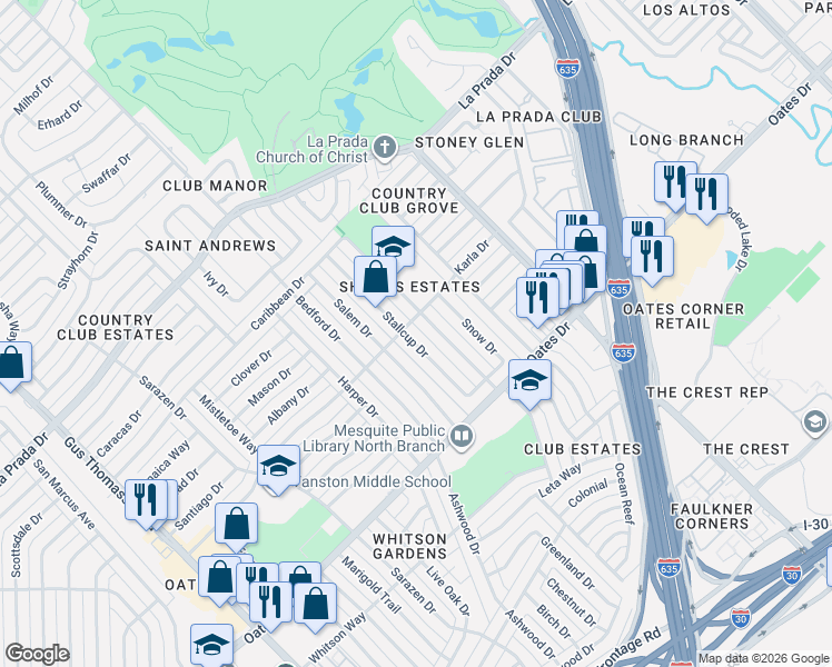 map of restaurants, bars, coffee shops, grocery stores, and more near 4802 Stallcup Drive in Mesquite