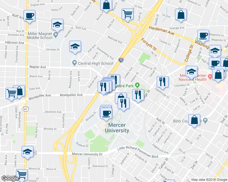 map of restaurants, bars, coffee shops, grocery stores, and more near 1365 Linden Ave in Macon