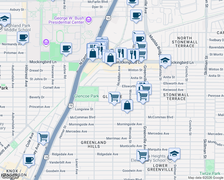 map of restaurants, bars, coffee shops, grocery stores, and more near 5470 Ellsworth Avenue in Dallas