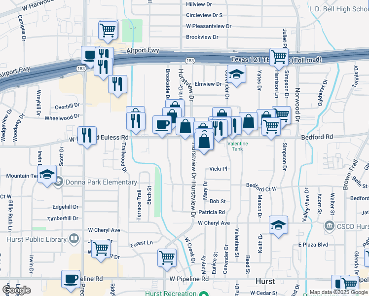 map of restaurants, bars, coffee shops, grocery stores, and more near 521 Bedford Euless Road in Hurst