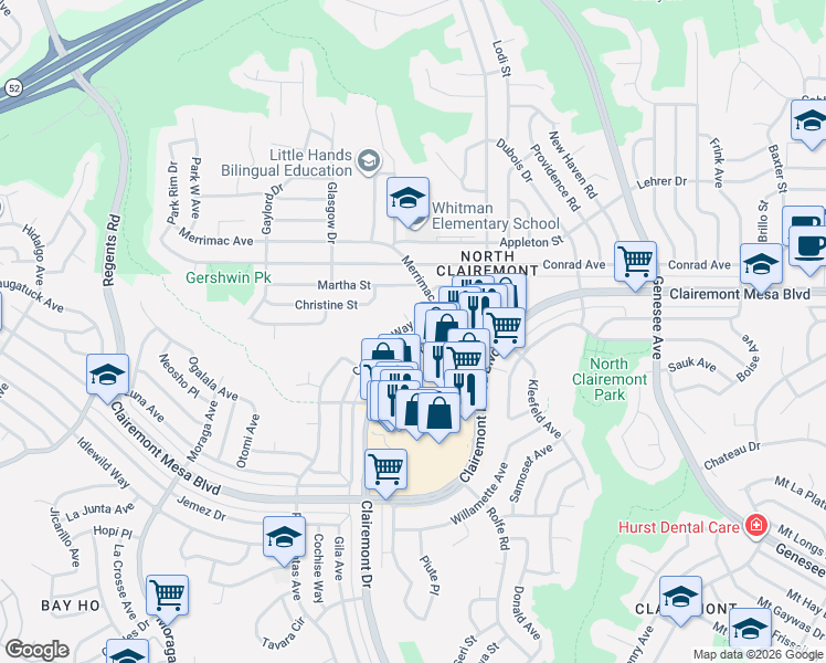 map of restaurants, bars, coffee shops, grocery stores, and more near 4935 Coconino Way in San Diego