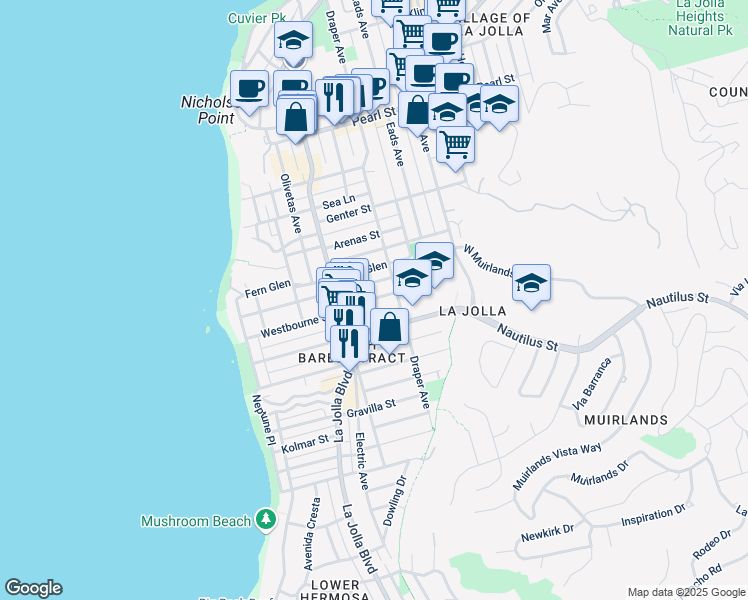 map of restaurants, bars, coffee shops, grocery stores, and more near 544 Westbourne Street in San Diego