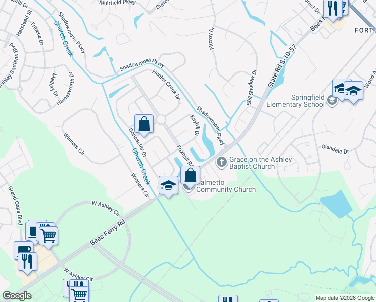 map of restaurants, bars, coffee shops, grocery stores, and more near 2953 Innisbrook Court in Charleston