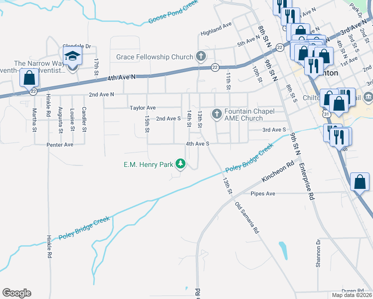 map of restaurants, bars, coffee shops, grocery stores, and more near 102 Coosa Street in Clanton