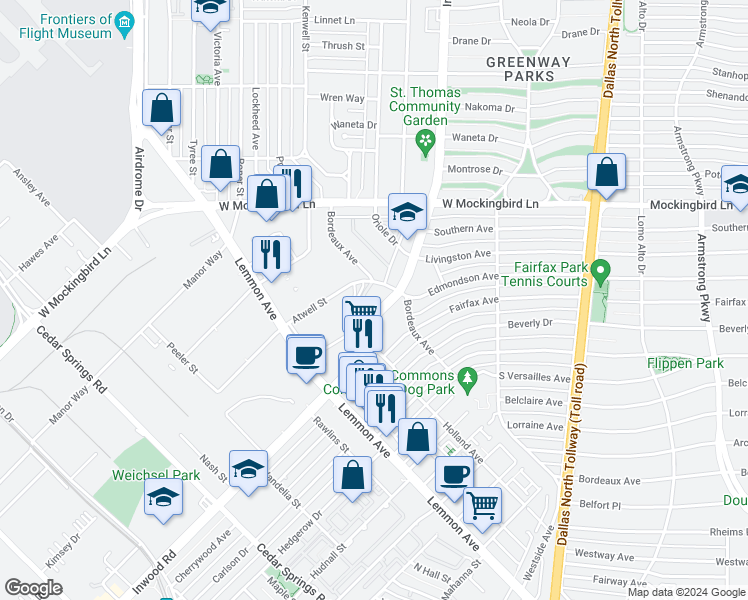 map of restaurants, bars, coffee shops, grocery stores, and more near 6205 Bordeaux Avenue in Dallas