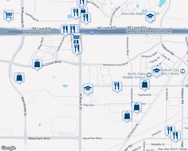map of restaurants, bars, coffee shops, grocery stores, and more near 4017 Mclean Road in Haltom City