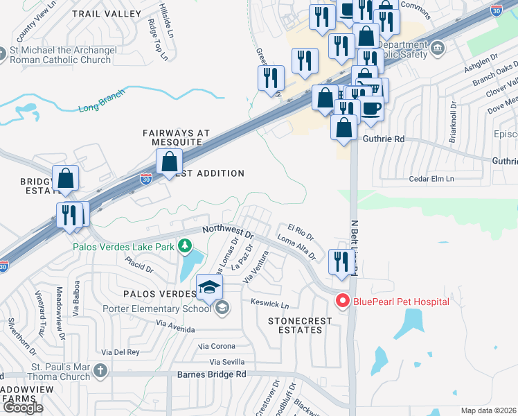 map of restaurants, bars, coffee shops, grocery stores, and more near 4962 Regal Bluff in Mesquite