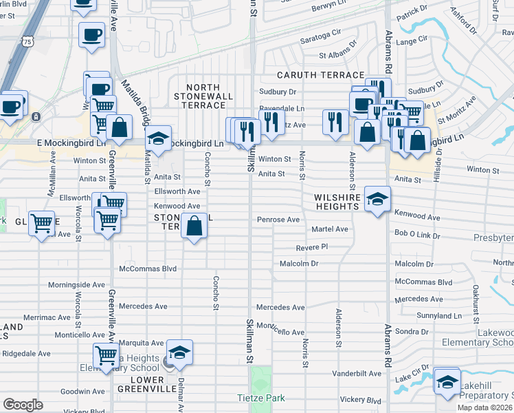 map of restaurants, bars, coffee shops, grocery stores, and more near 6121 Kenwood Avenue in Dallas