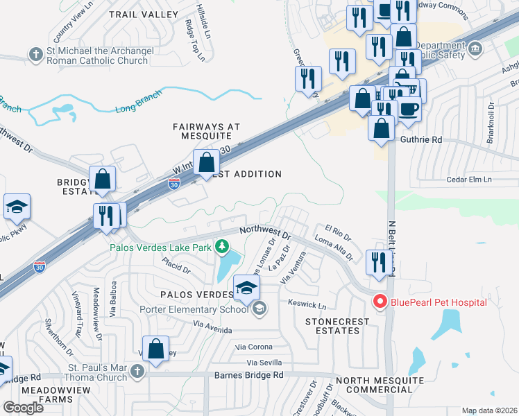map of restaurants, bars, coffee shops, grocery stores, and more near 601 Northwest Drive in Mesquite