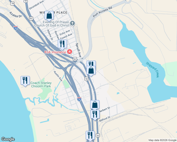 map of restaurants, bars, coffee shops, grocery stores, and more near 2026 Meeting Street Road in Charleston