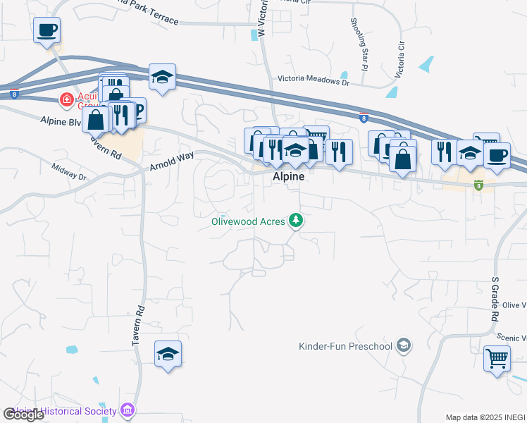 map of restaurants, bars, coffee shops, grocery stores, and more near 1475 Olivewood Ln in Alpine