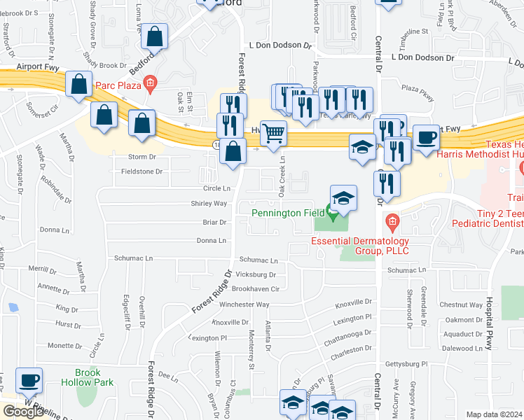 map of restaurants, bars, coffee shops, grocery stores, and more near 1621 Oak Creek Lane in Bedford