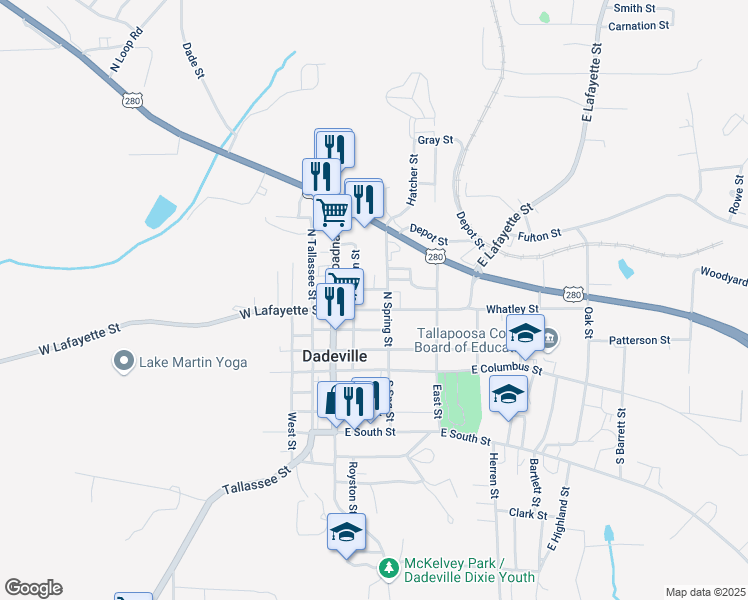 map of restaurants, bars, coffee shops, grocery stores, and more near 201-223 Okefuske St in Dadeville