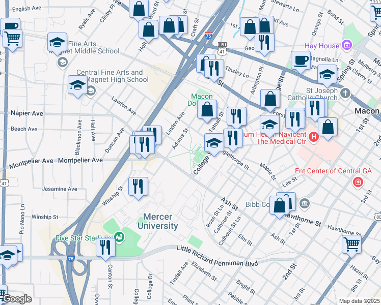 map of restaurants, bars, coffee shops, grocery stores, and more near 1420 Coleman Avenue in Macon