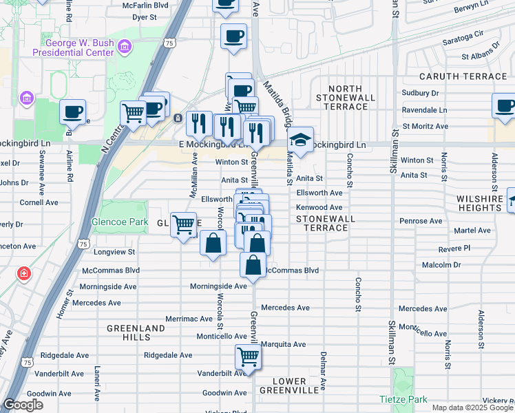 map of restaurants, bars, coffee shops, grocery stores, and more near 5701 Kenwood Avenue in Dallas