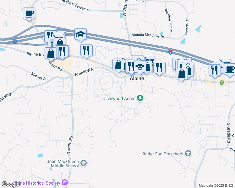 map of restaurants, bars, coffee shops, grocery stores, and more near 1466 Olivewood Lane in Alpine