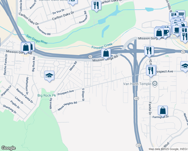 map of restaurants, bars, coffee shops, grocery stores, and more near 8604 Amherst Street in Santee