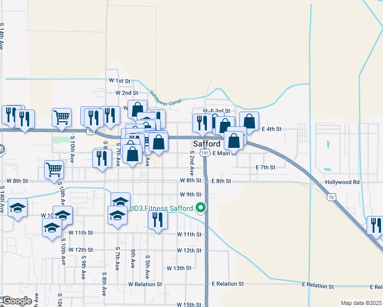 map of restaurants, bars, coffee shops, grocery stores, and more near 201 West 6th Street in Safford