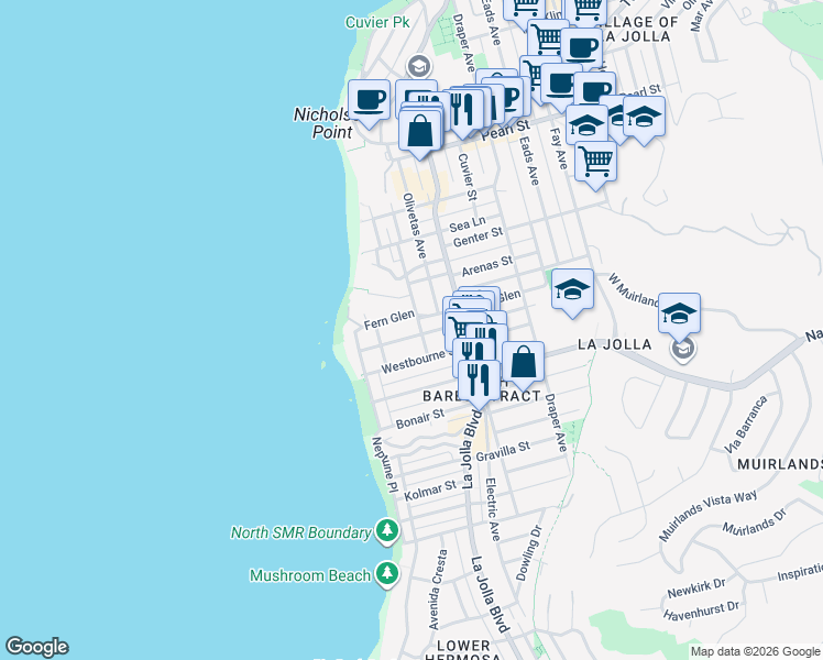 map of restaurants, bars, coffee shops, grocery stores, and more near 369 Fern Glen in San Diego