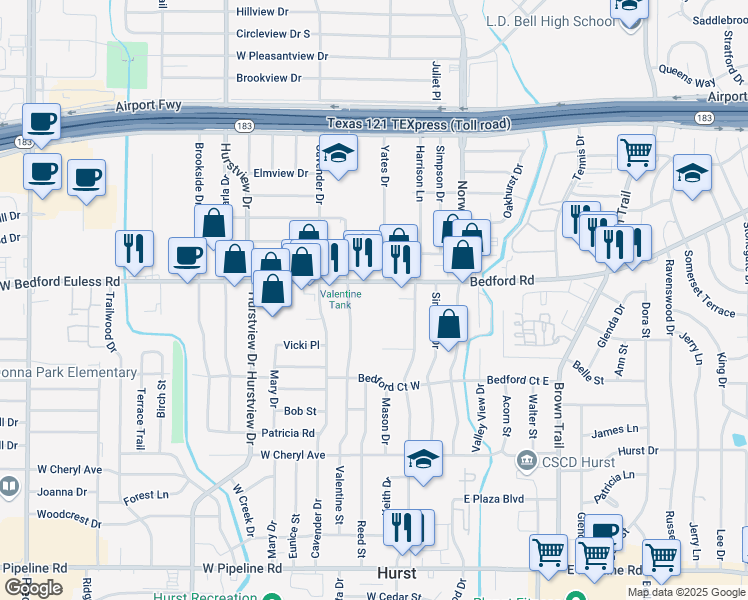 map of restaurants, bars, coffee shops, grocery stores, and more near 225 West Bedford Euless Road in Hurst