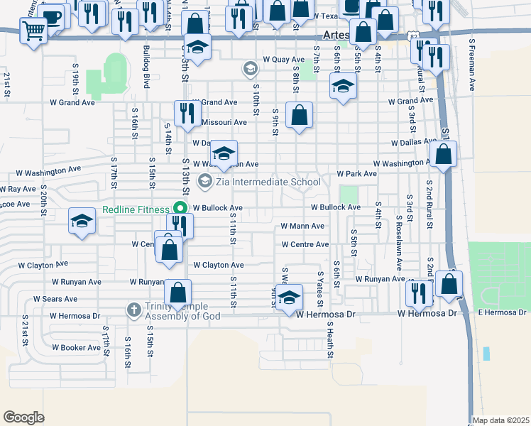 map of restaurants, bars, coffee shops, grocery stores, and more near 901 West Bullock Avenue in Artesia