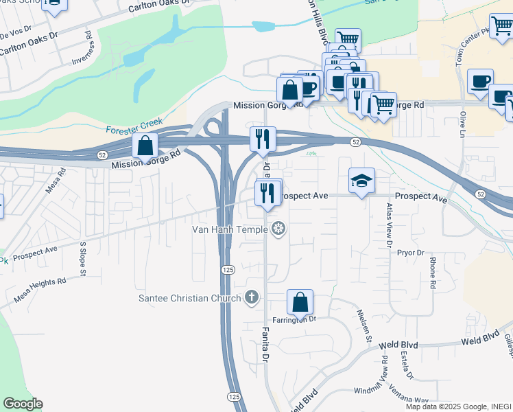 map of restaurants, bars, coffee shops, grocery stores, and more near in Santee