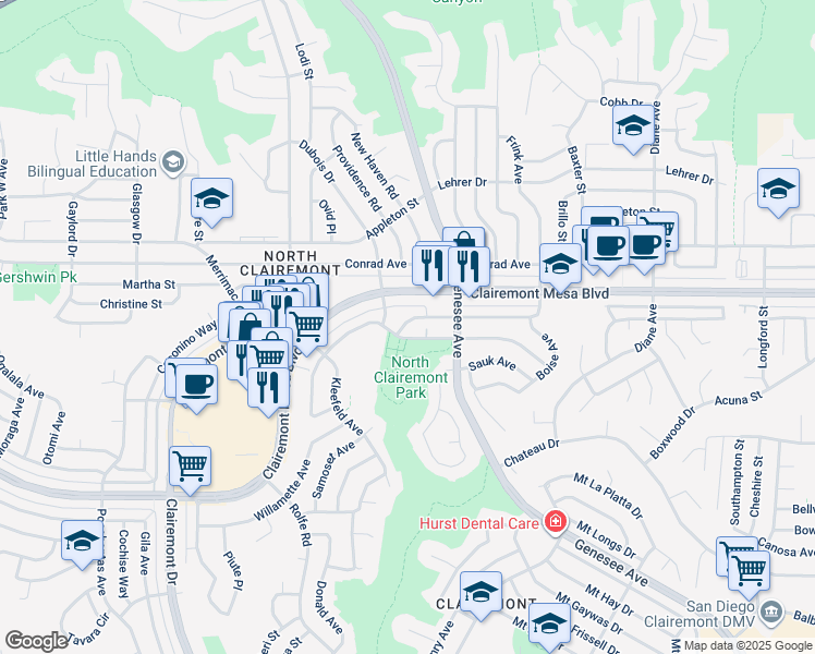 map of restaurants, bars, coffee shops, grocery stores, and more near 4431 Manitou Way in San Diego