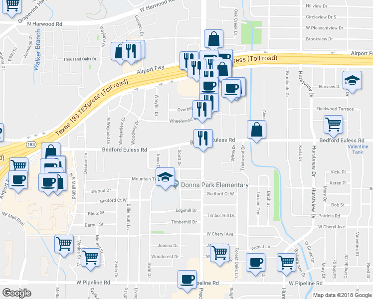 map of restaurants, bars, coffee shops, grocery stores, and more near 6 Scott Drive in Hurst