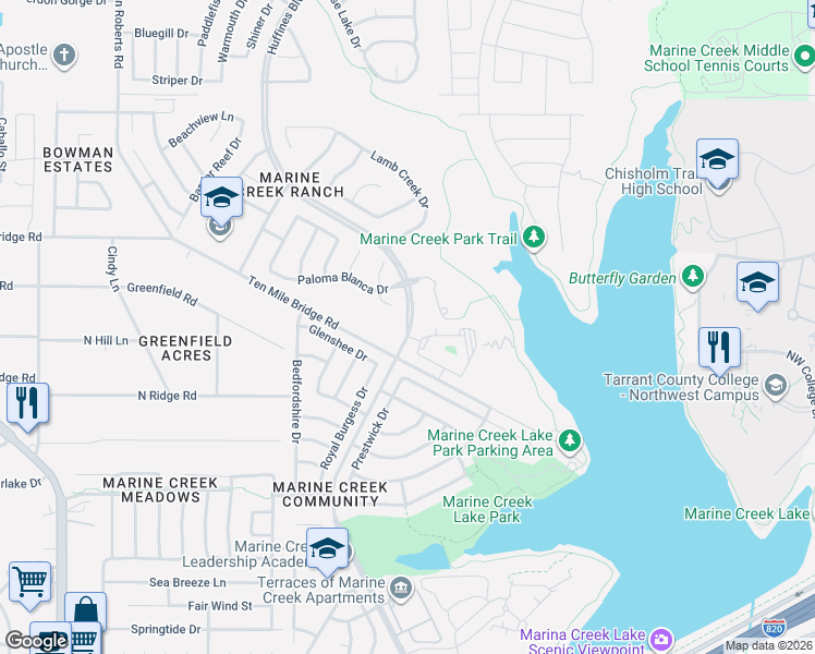 map of restaurants, bars, coffee shops, grocery stores, and more near 5505 Paloma Court in Fort Worth