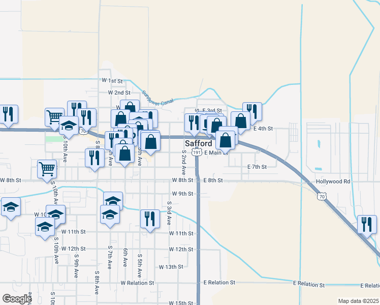 map of restaurants, bars, coffee shops, grocery stores, and more near 118 West 6th Street in Safford