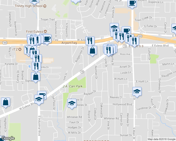 map of restaurants, bars, coffee shops, grocery stores, and more near 513 West Euless Boulevard in Euless