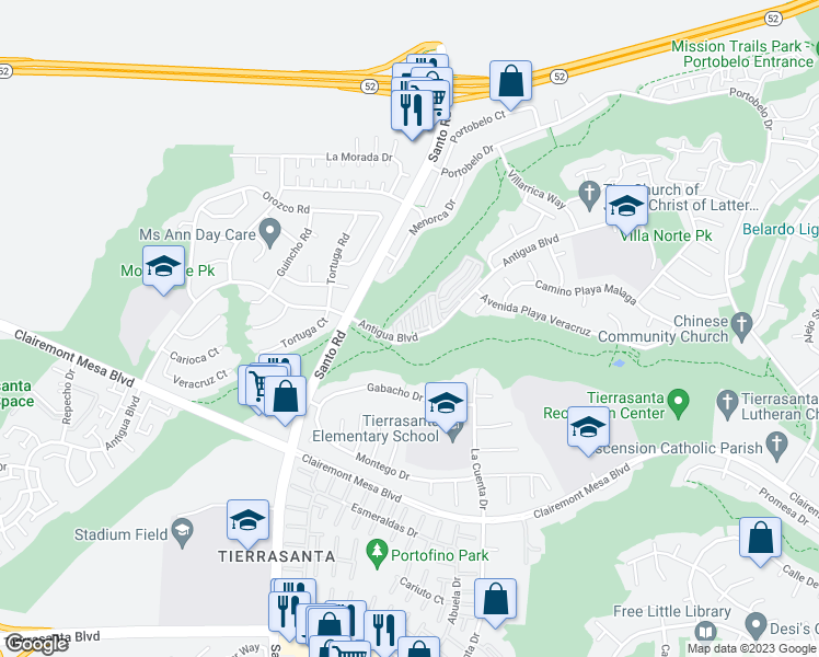 map of restaurants, bars, coffee shops, grocery stores, and more near 6140 Calle Mariselda in San Diego