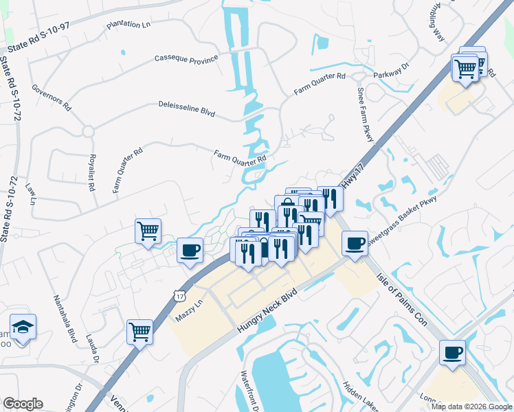 map of restaurants, bars, coffee shops, grocery stores, and more near 1876 Montclair Drive in Mount Pleasant