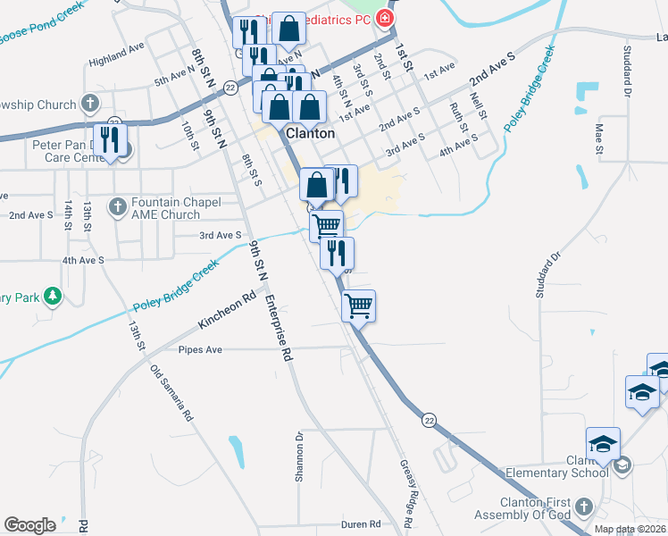map of restaurants, bars, coffee shops, grocery stores, and more near 510 7th Street South in Clanton